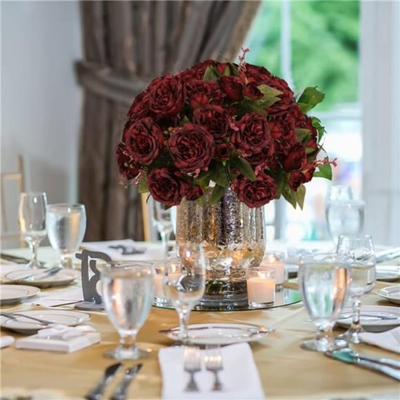 Artificial Peonies Silk Flowers, Burgundy Faux Peony Bouquet 4 Bundles Florals - Picture 3 of 6